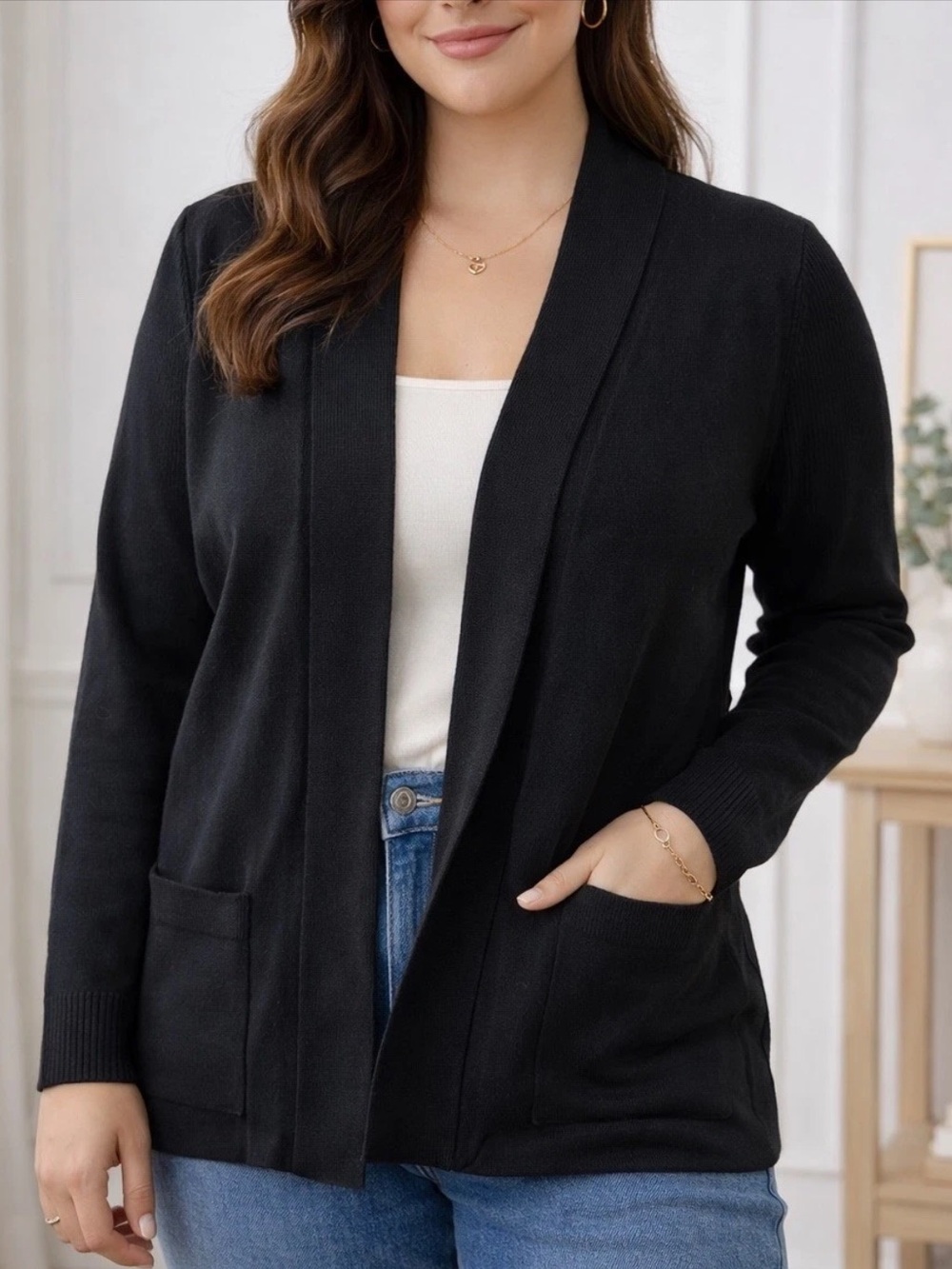 Talbots Black Open Front Cardigan Petite Medium Soft Knit Classic Neutral Layer